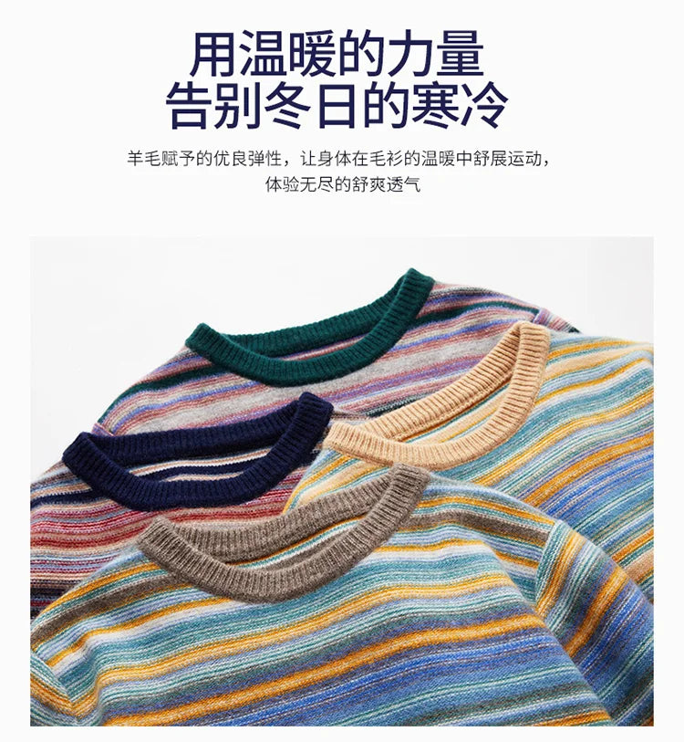 New 100% woolen sweater for young men in autumn and winter, thick sweater, warm stripe, loose casual knitted bottoming coat.