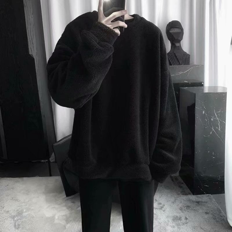 Oversize solid color lamb hair sweatshirt with O-neck and long sleeves, Korean fashion streetwear for men.