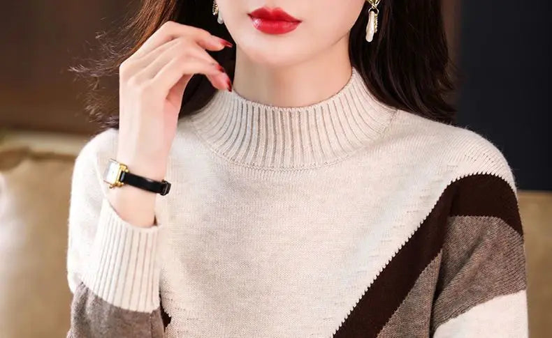 Velvet and Thickened Women's Top 2024 New Autumn/Winter Korean Edition Color Block Knitted Half High Neck Sweater