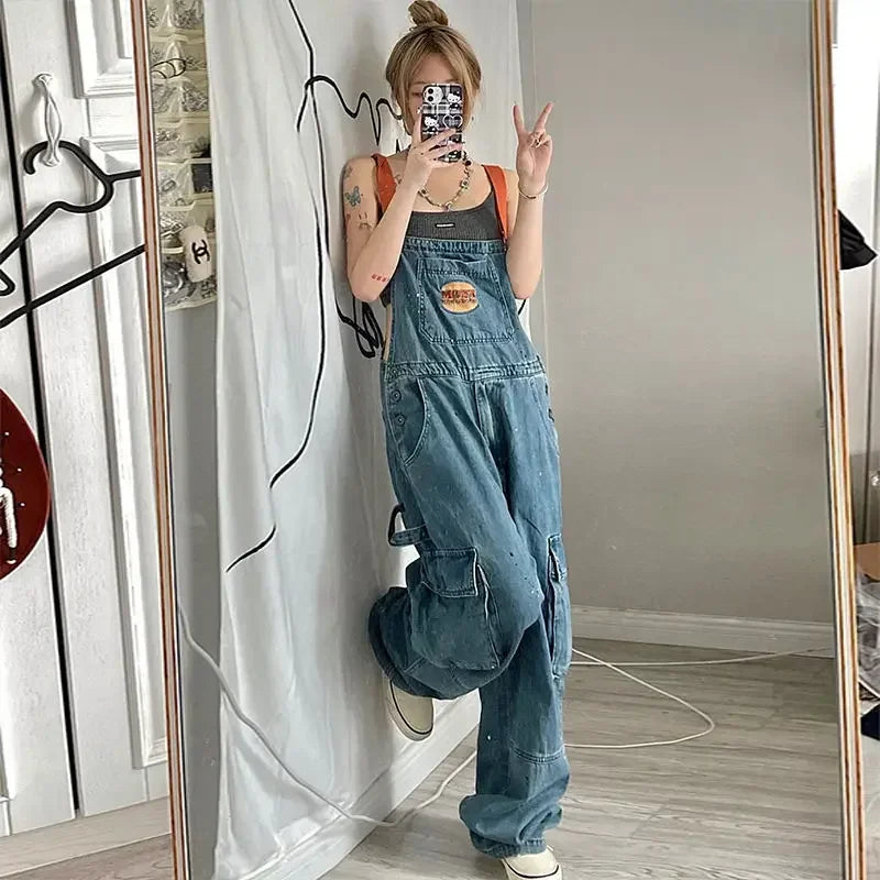 Cool Girl Style embroidered denim strap jumpsuit for women, featuring a loose retro fit and solid pattern, ideal for autumn and winter streetwear.