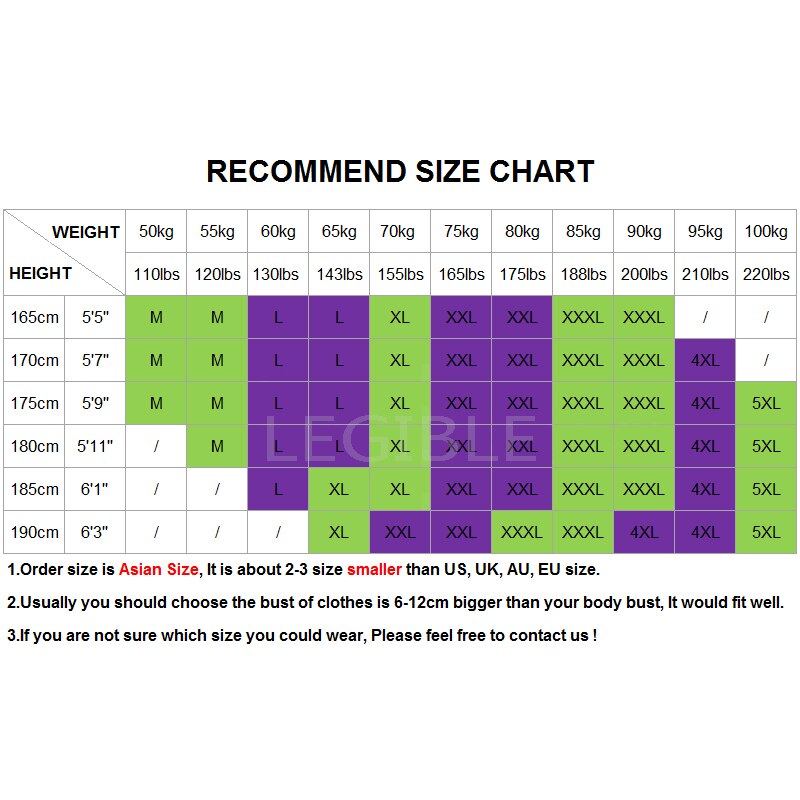 LEGIBLE summer casual short sleeve shirts size chart for men in Asian sizing guide.