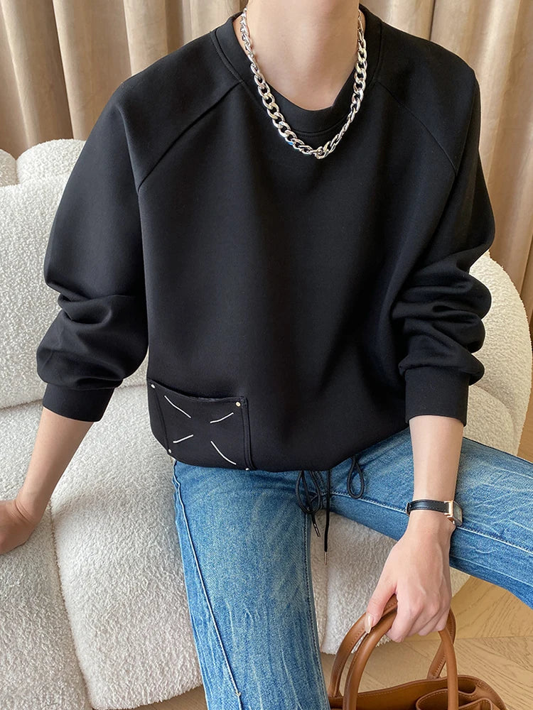 [LANMREM] Embroidered Design Pullover Sweatshirt Women Solid Round Neck Long Sleeve Casual Loose Tops 2024 Spring New 26D6445