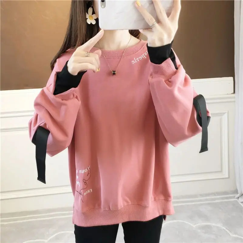 Autumn 2024 New Casual Patchwork Fake Two Pieces Sweatshirts Femme Simplicity Loose Irregular Pullover T-Shirts Women Clothing