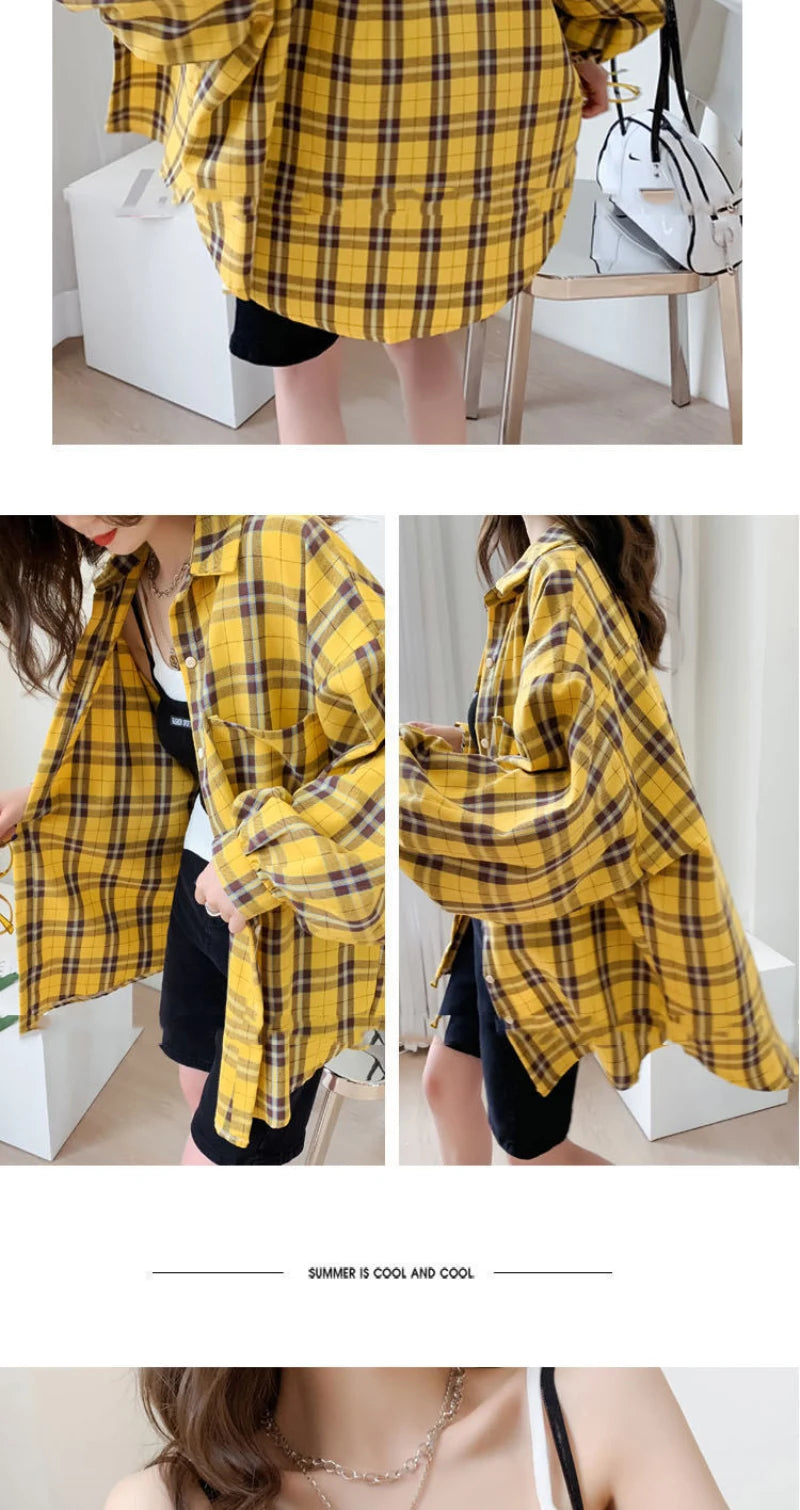 JMPRS Fashion Plaid Women Shirt Fashion Korean Oversize Tops Harajuku Daily All-match Long Sleeve Chic Female Yellow Shirts New