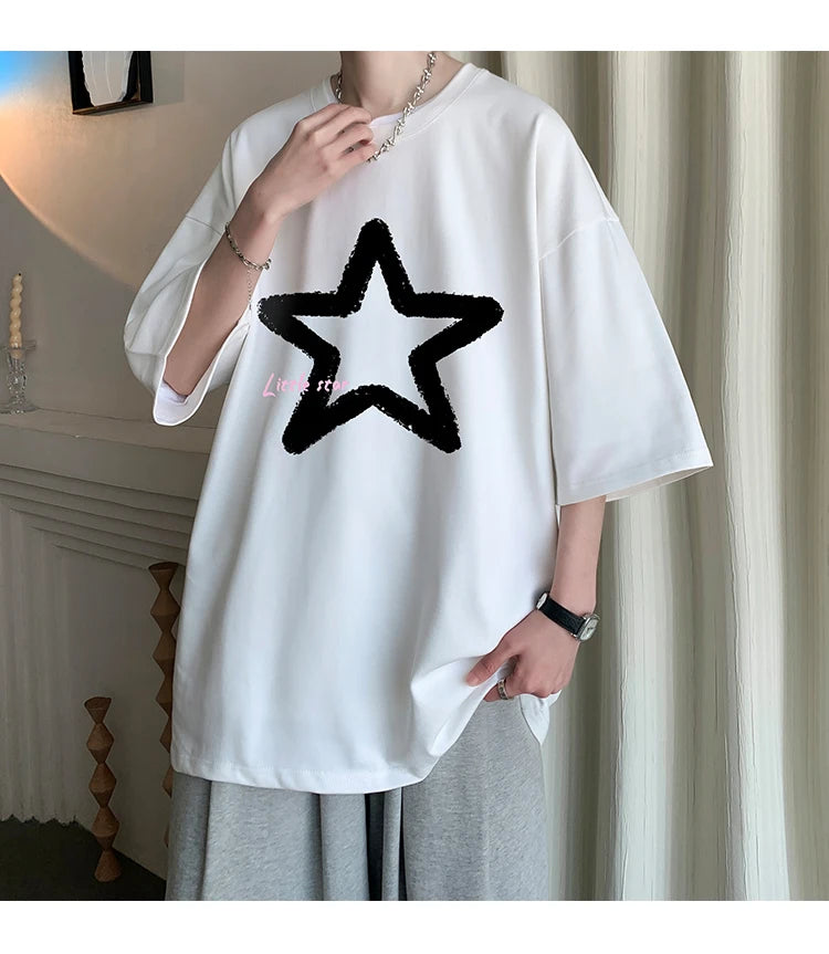 Little Star Printed Men's T Shirt Summer Fashion Casual Short Sleeve Tee Tops Mens Cotton Linen Oversized Hip-Hop T-shirt 5XL