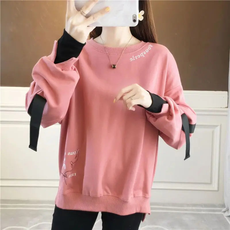 Autumn 2024 New Casual Patchwork Fake Two Pieces Sweatshirts Femme Simplicity Loose Irregular Pullover T-Shirts Women Clothing