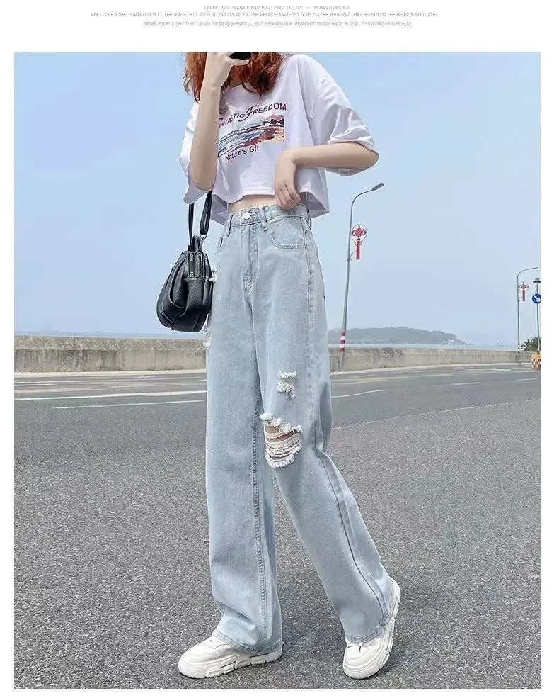 Pierced High Waist Jeans Women's Spring and Summer Thin Straight Tube Loose 2022 New Fashion Casual Thin Wide Leg Pants