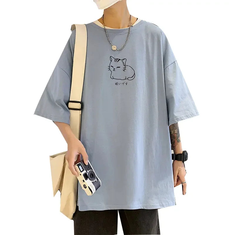 Men's oversized cotton t-shirt with animal print, short sleeves, casual summer wear, 5XL size.