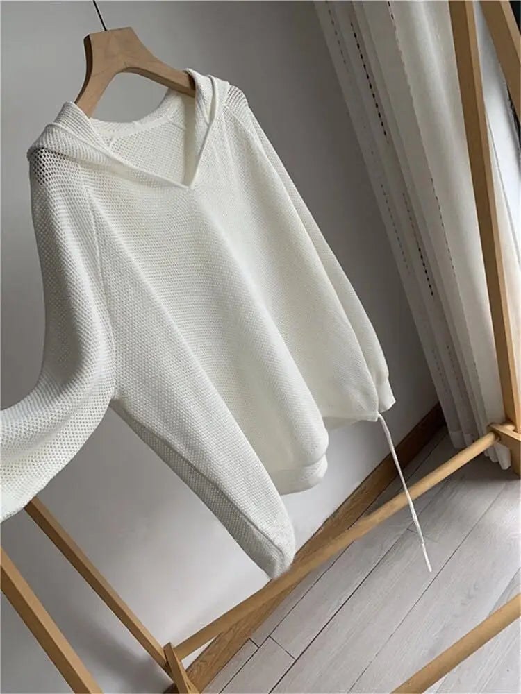 Lazy Style Women Hollow Out Hooded Knitwear Spring Summer White Long Sleeve Casual Loose Pullover Tops Female Sweater