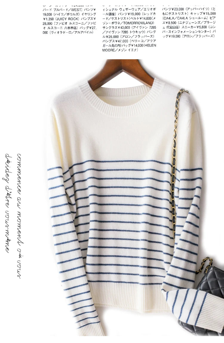 100% Cotton Knitted Sweater Women's Sweater Striped Color Matching Round Neck Large Size Loose Temperament Long Sleeve Bottoming