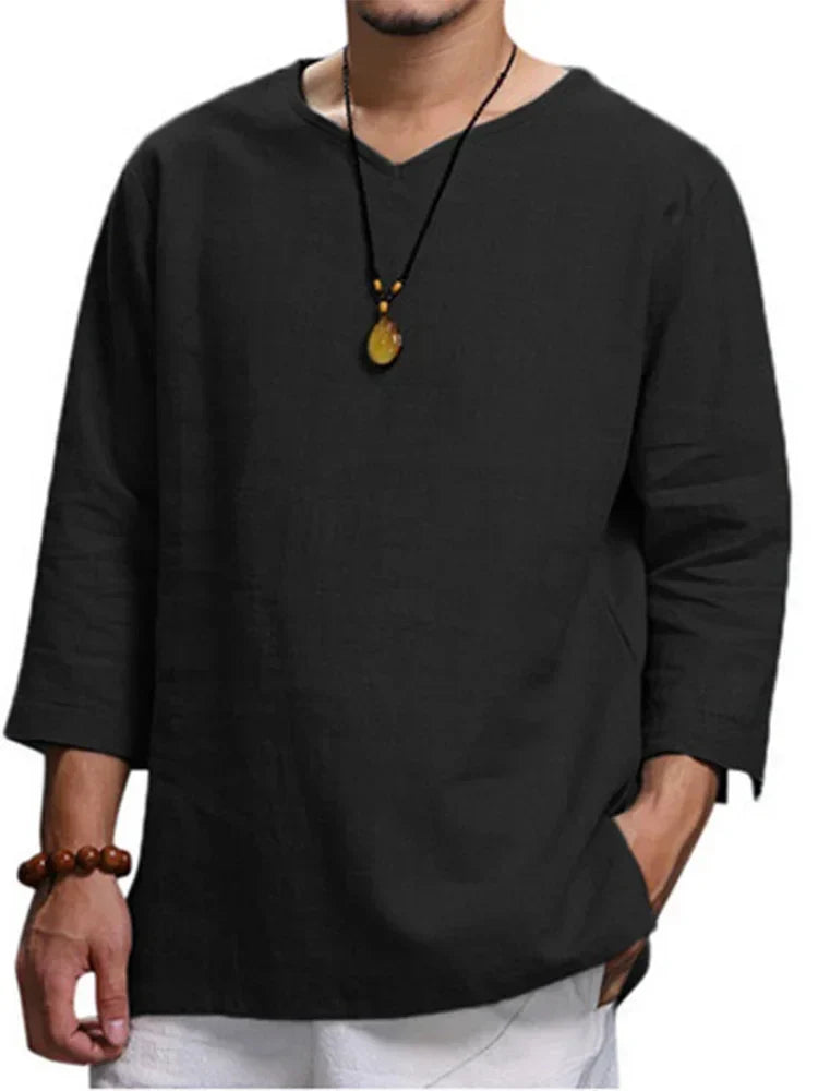 Men's black long-sleeved cotton linen shirt with V-neck and casual style.