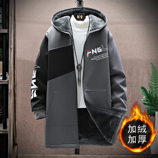 Men's winter jacket with hood and fleece lining, featuring a trendy design and thick polyester material for warmth in sizes M-5XL.