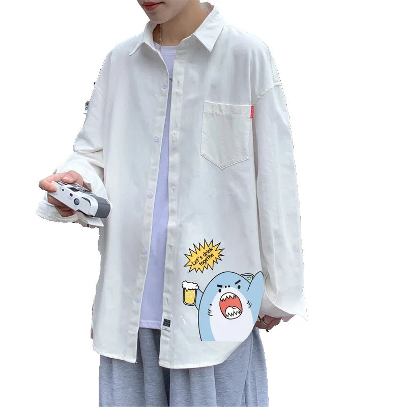 Men's Oversized Shirts With Pocket Mens Blouse White Anime Print Shirt 5XL White Full Sleeves Casual Wear Summer for Men