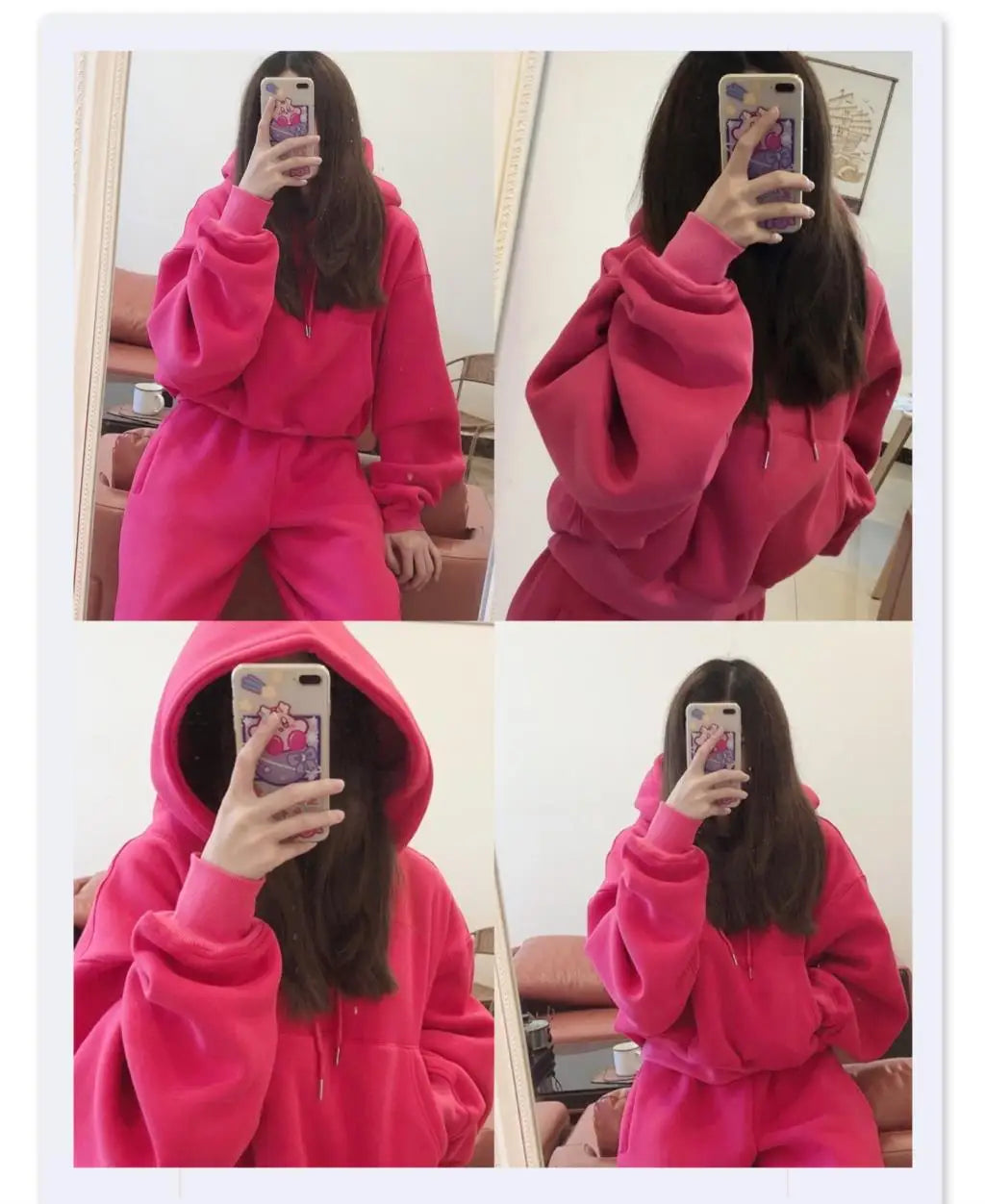 Women's pink fleece hoodies suit, casual tracksuit set with sweatshirt and sweatpants, perfect for winter and spring.