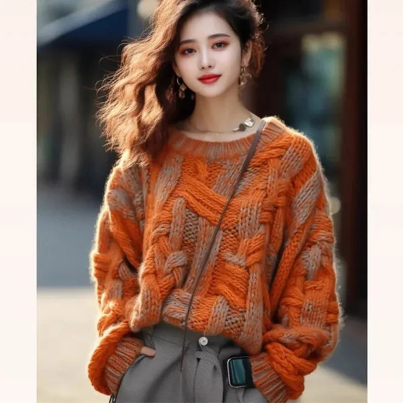 Korean Women Long Sleeves Xiaoxiangfeng Knitwear Winter Ladies Pullover Knitting 2024 Female Loose Fitting Thick Thread Sweater