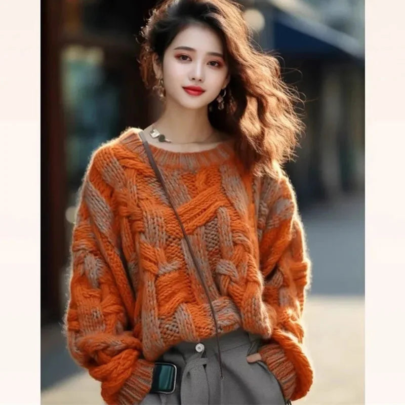 Korean Women Long Sleeves Xiaoxiangfeng Knitwear Winter Ladies Pullover Knitting 2024 Female Loose Fitting Thick Thread Sweater