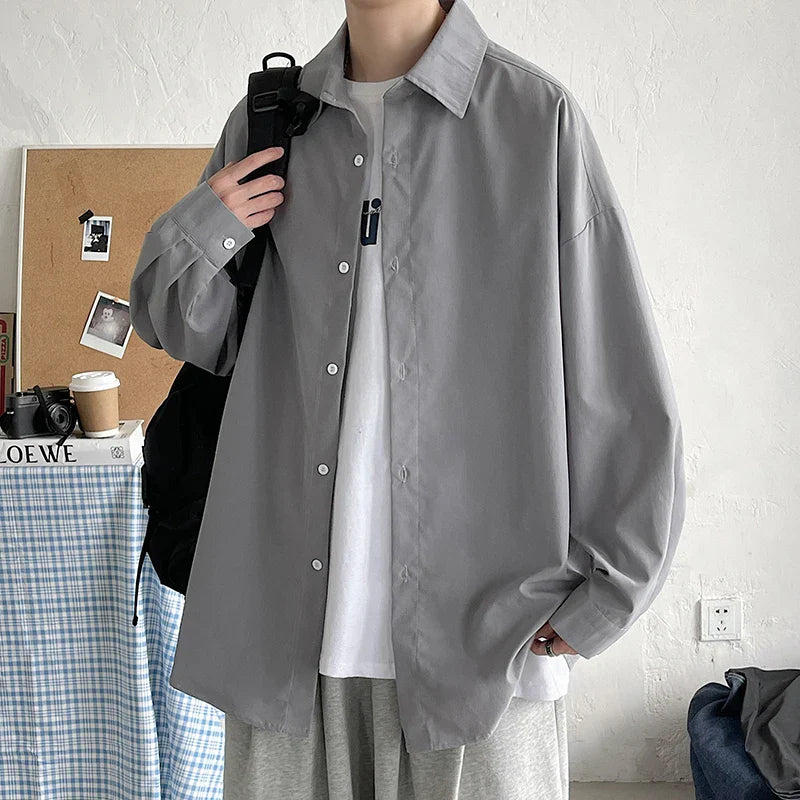 LAPPSTER Youth Korean Fashion Black Long Sleeve Oversized Shirt, Harajuku Style, 2023 Men's Casual Wear