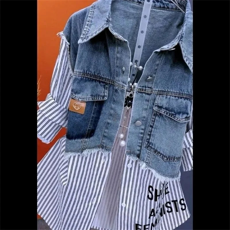 Fake Two Denim Shirts Women's Early Spring 2024 Korean Version Of Casual Western Style Joker Stitching Letter Striped Top