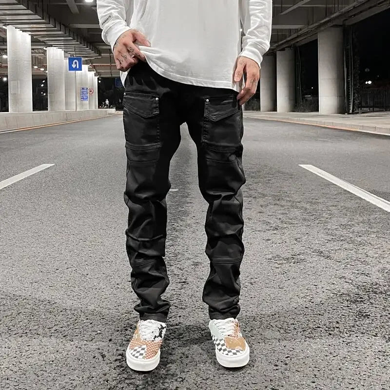 Streetwear Kanye Slim Fit Feet Coated Black Jeans Pants for Men Pocket Brushed Wax Tapered Pants Man Casual Cargo Jeans Y2k