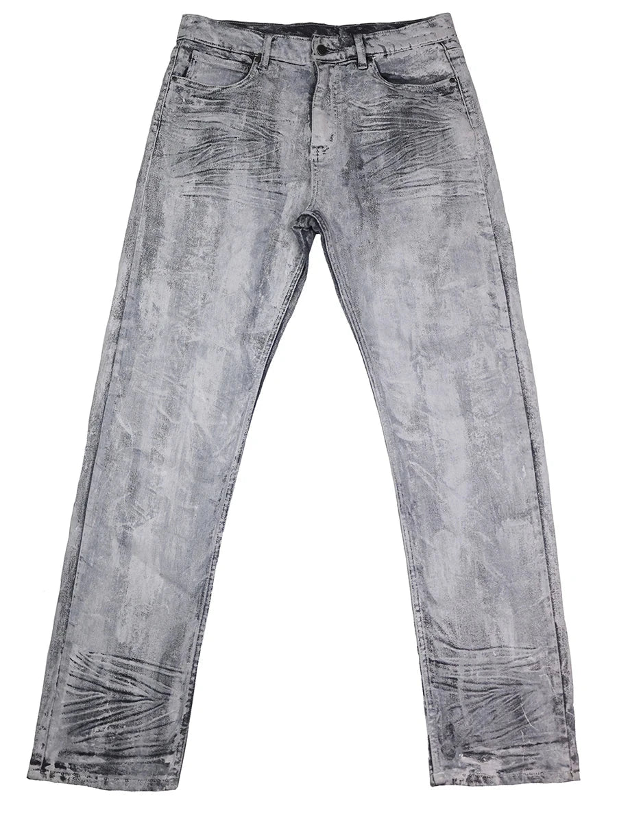 Wasteland style punk distressed gray white jeans for men with brushed wax white paint coat.