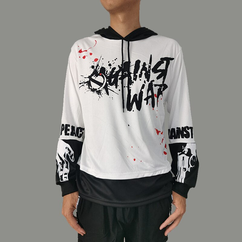 Men's graffiti print hoodie with letter design, streetwear style, thin fabric for summer, hip hop fashion.