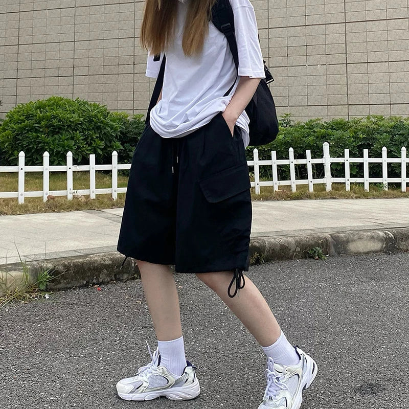 Rimocy Summer Knee Length Cargo Shorts Women 2024 Bf Harajuku Wide Leg Shorts Woman Streetwear Pockets Baggy Short Pants Female