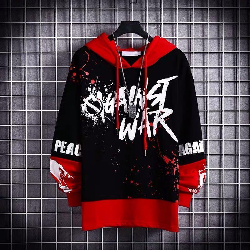 Fashion thin hoodie with letter graffiti print in black and red, casual streetwear Y2k techwear style for men.