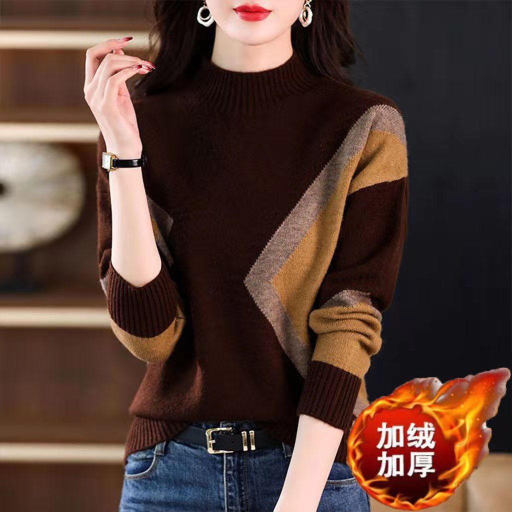 Velvet and Thickened Women's Top 2024 New Autumn/Winter Korean Edition Color Block Knitted Half High Neck Sweater