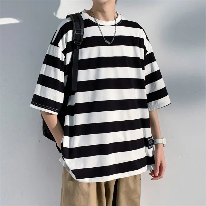 Men's Cotton T-shirt Striped Mens Oversized T Shirts Split Hem Fashion Tee Shirts Casual Wear Summer Tshirt 5XL Big Size for Man