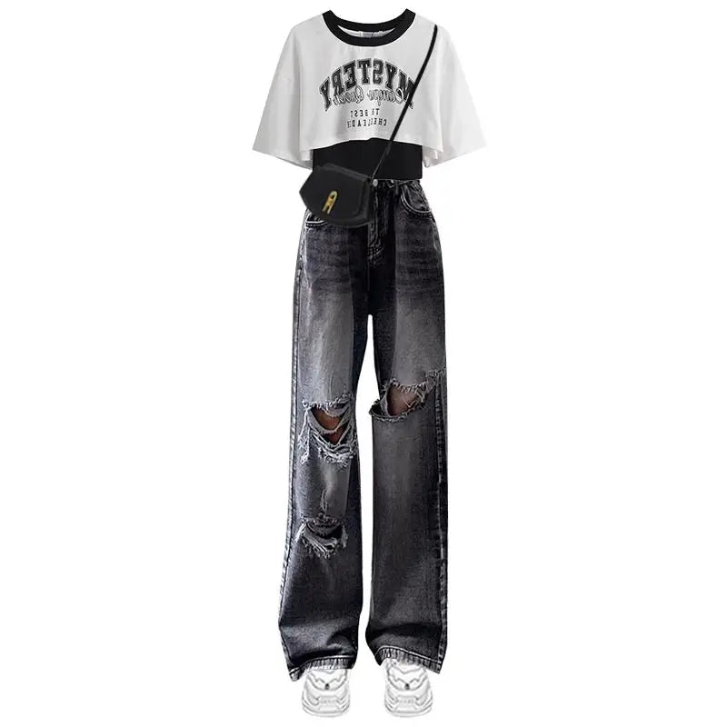 Spring/Summer Sweet Cool Set for Female Students Korean Fashion T-shirt+Personalized Ripped Jeans Two-piece Set