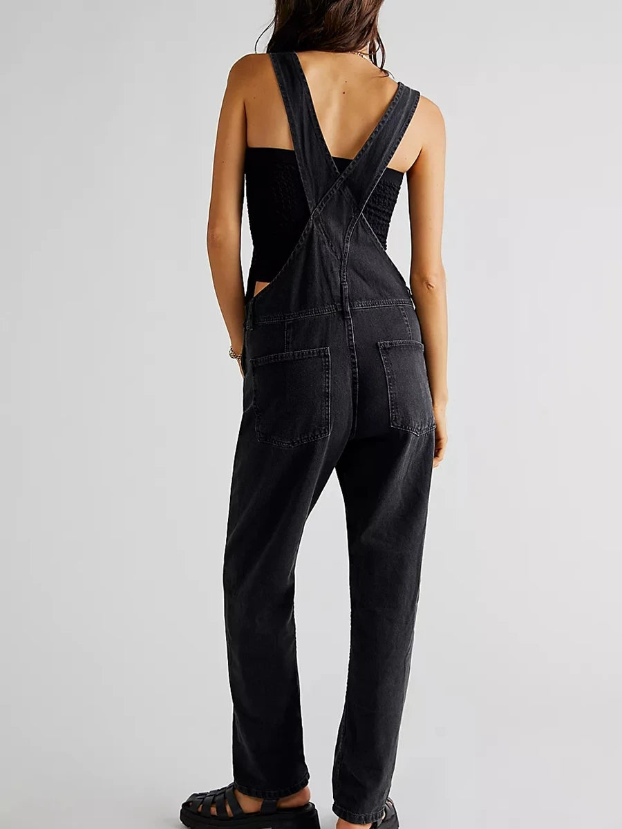 Women Vintage Retro Denim Long Jumpsuit Casual Spaghetti Strap Straight Romper Suspender Pants Summer Baggy Bib Loose Overalls