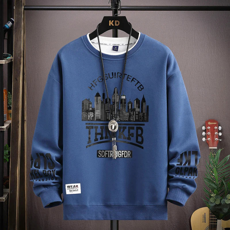 Men's grey sweatshirt with cool city print, long sleeves, and O-neck design for autumn fashion.