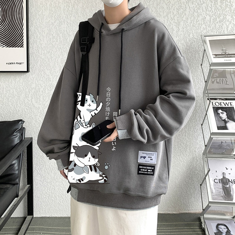 Men's Anime Cat Hoodie with Foam Print, Long Sleeve, Loose Harajuku Style.