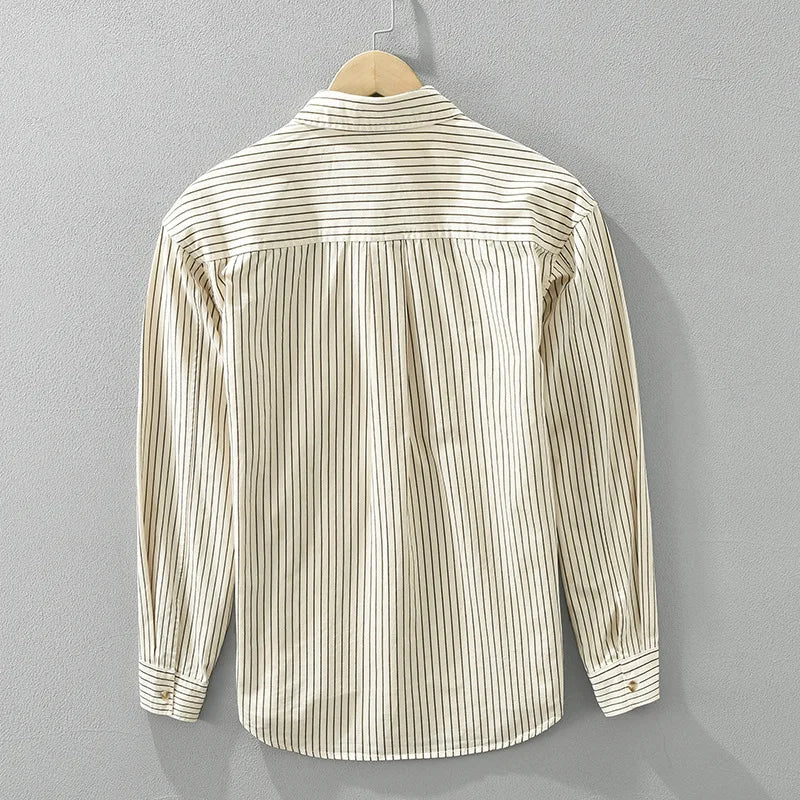 2024 Spring New 100% Cotton Simple Striped Long Sleeve Shirts for Men Clothing Solid Color Loose Soft White Shirt CM6968