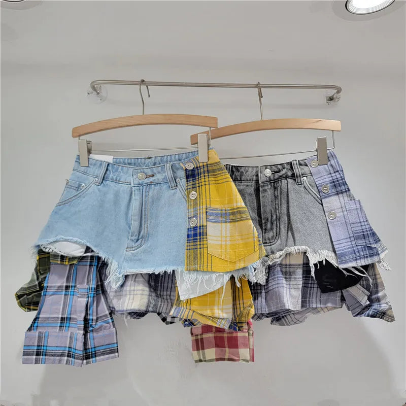 Denim skirts with colored plaid patchwork, irregular deconstructed design, high waist, mini length.