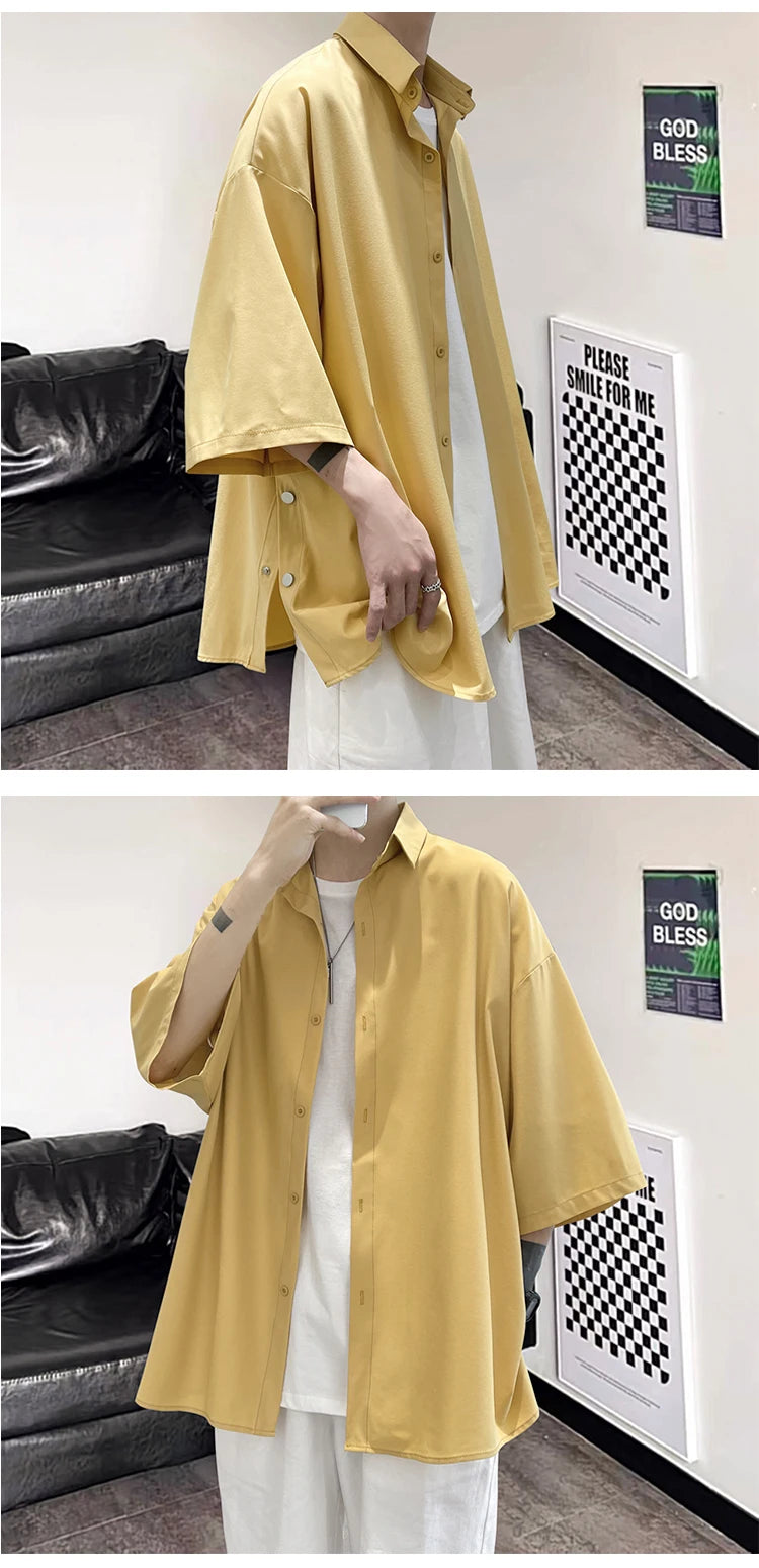 5 Colors Side Buttons Shirt Harajuku Solid Button Up Korean Short Sleeve Aesthetic Male Shirts Blouse Men Black White Yellow