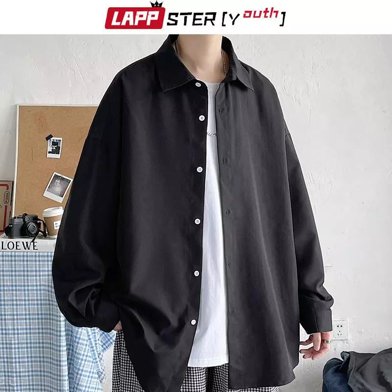 LAPPSTER-Youth Korean fashion black oversized long sleeve shirt for men, Harajuku style, 2023 collection.