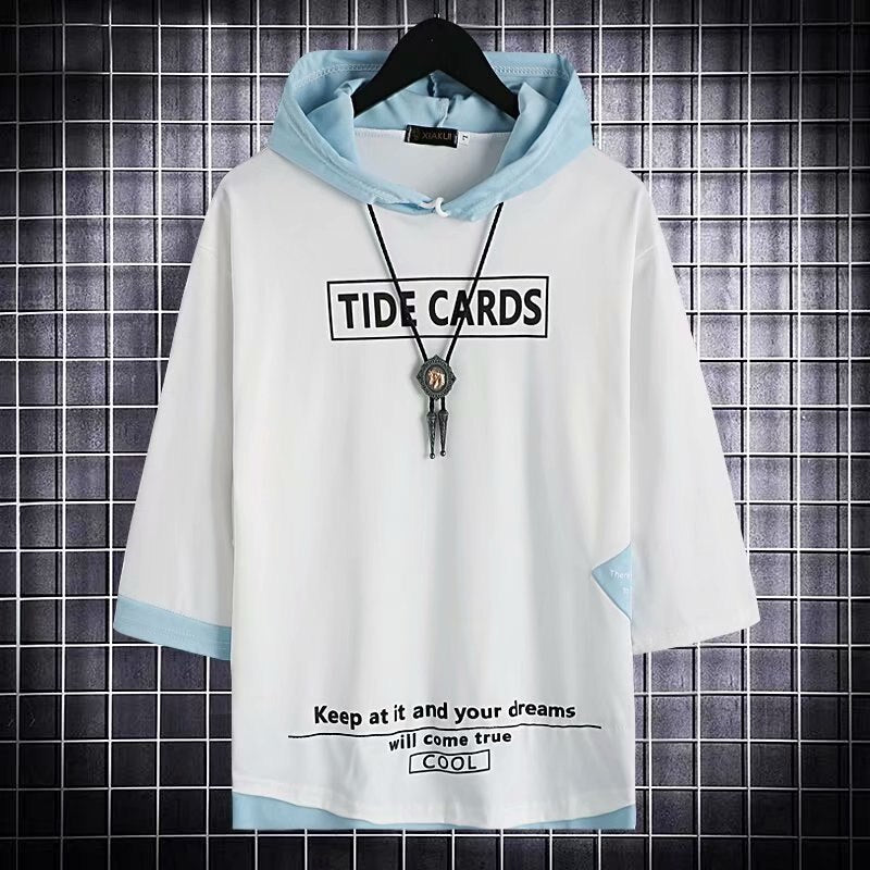 Oversized hooded T-shirt with casual patchwork design for men and women, featuring printed text on front, short sleeves, and sports fitness style.