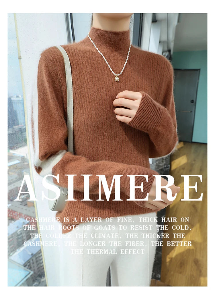 2024 Winter Ladies Turtleneck Mink Cashmere Sweater Women's Patchwork Color Base Knitwear Exquisite Super Warm Long Sleeve Top