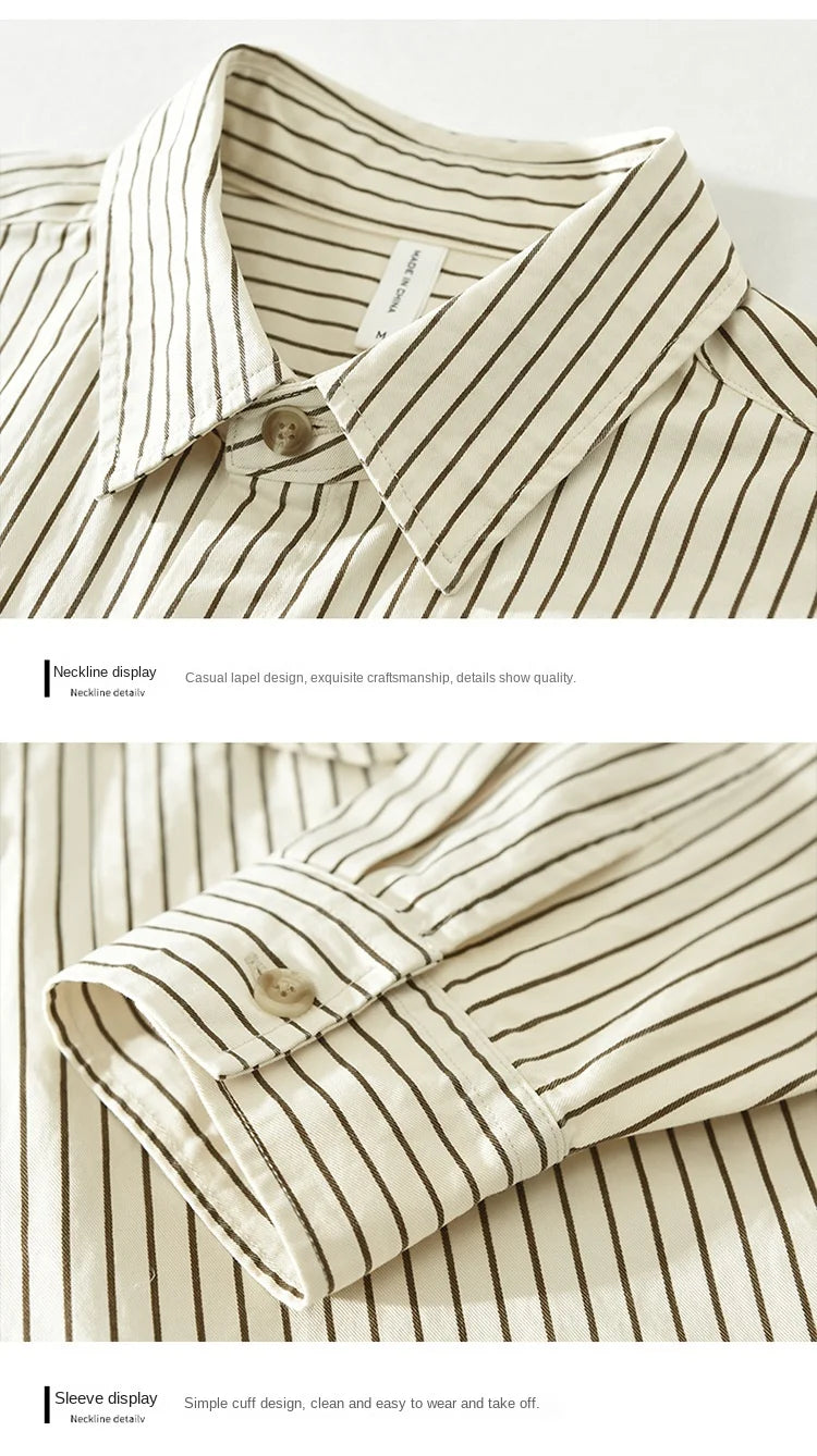 2024 Spring New 100% Cotton Simple Striped Long Sleeve Shirts for Men Clothing Solid Color Loose Soft White Shirt CM6968