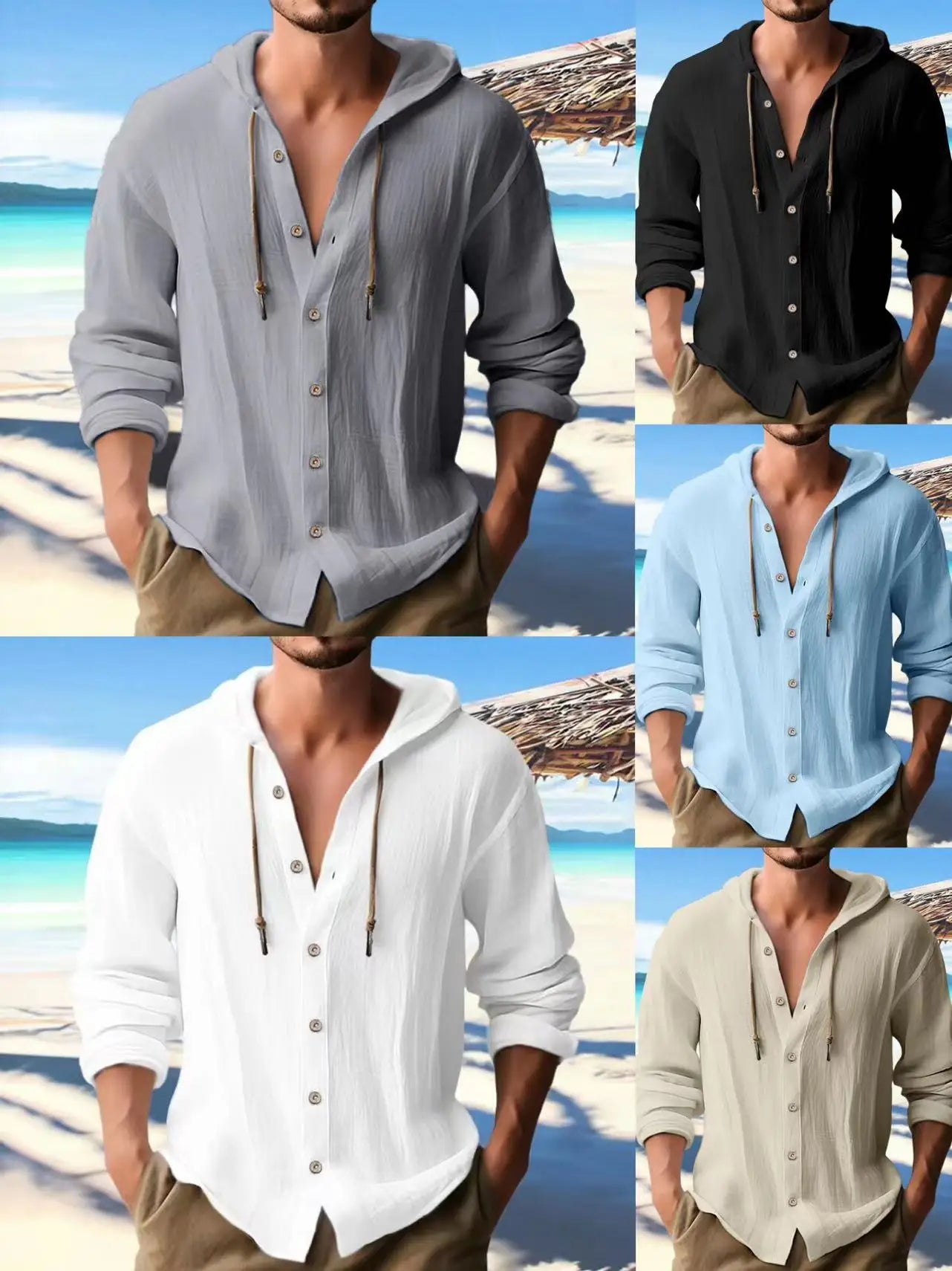 Men's linen shirt with hoodie in various colors, long sleeve, buttoned, casual streetwear style, ideal for spring and summer.