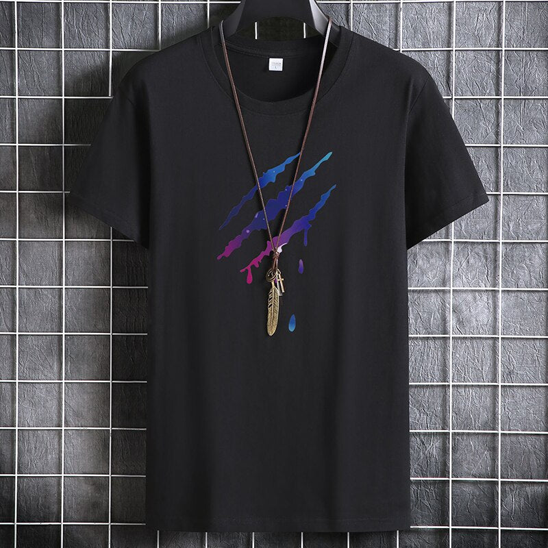 Men's black cotton T-shirt with colorful slash design, short sleeves, O-neck, casual summer wear.