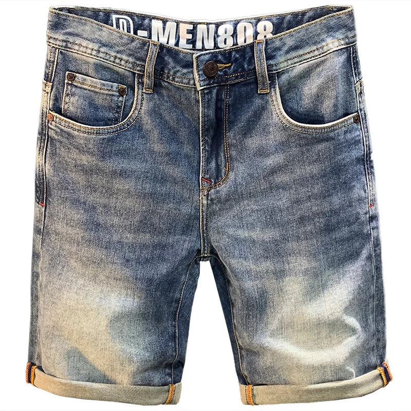 Denim shorts for men with advanced design, brushed retro finish, and curling stretch capri style.