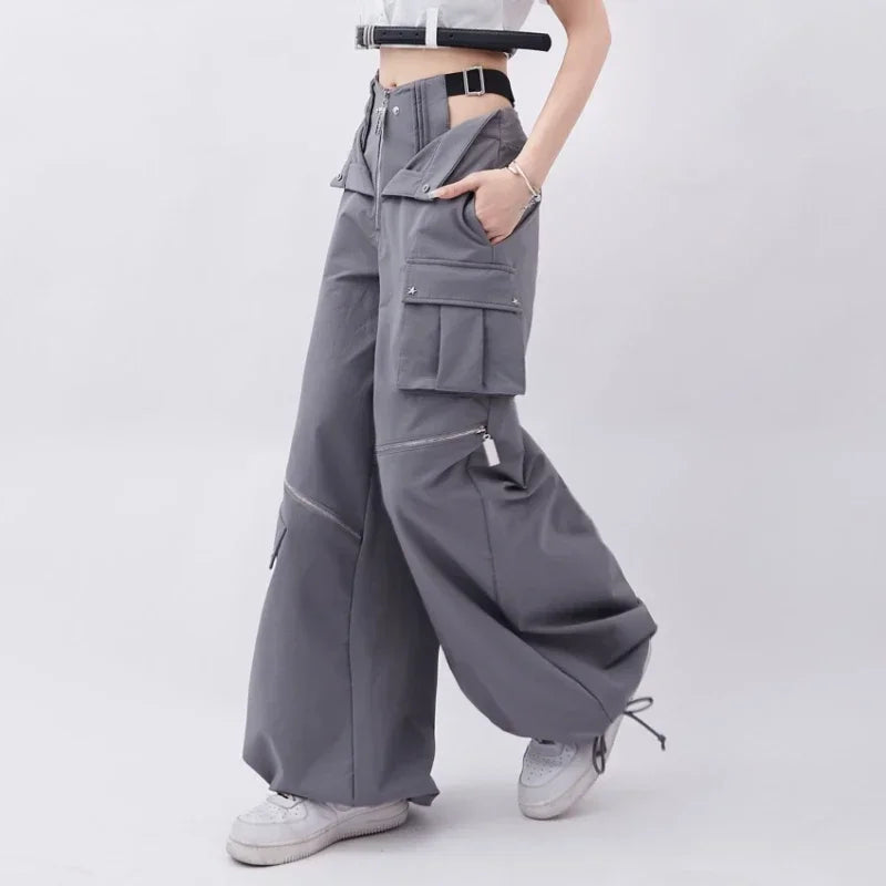 American Individualized Spicy Girl Hollow Out Workwear Pants for Women Fashion Zipper Two Wear Design Casual Versatile Trousers