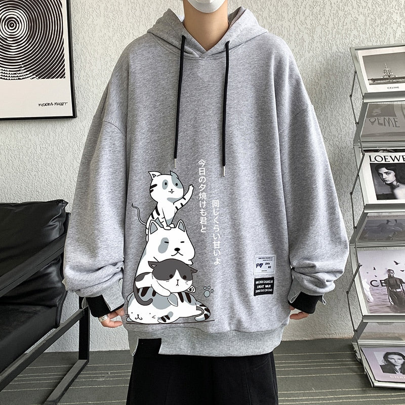 Men's anime cat sweatshirt with foam print, Harajuku style, loose fit, long sleeve hoodie for couples.