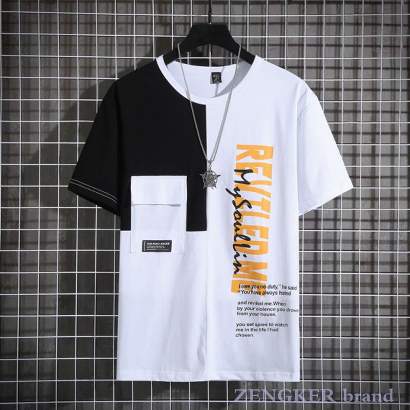 Summer short-sleeved men's oversized patchwork t-shirt by ZENGKER, casual streetwear in black and white.