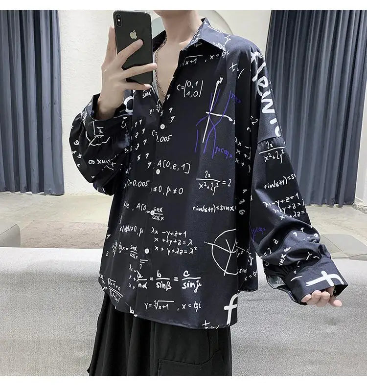 2023 New Spring and Autumn Trend Hong Kong Style Japanese Casual Loose and Luxury Korean Edition Simple Printed Men's Shirt