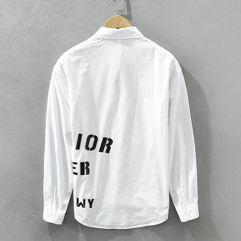 Men's white long sleeve cotton shirt with black letter print, turn-down collar, casual style from EVER CHANGING.