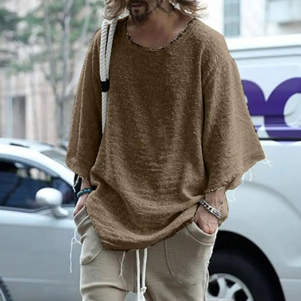 Men's hollow out linen shirt, deep O-neck, casual patchwork pullover, loose fit, ideal for summer fashion.