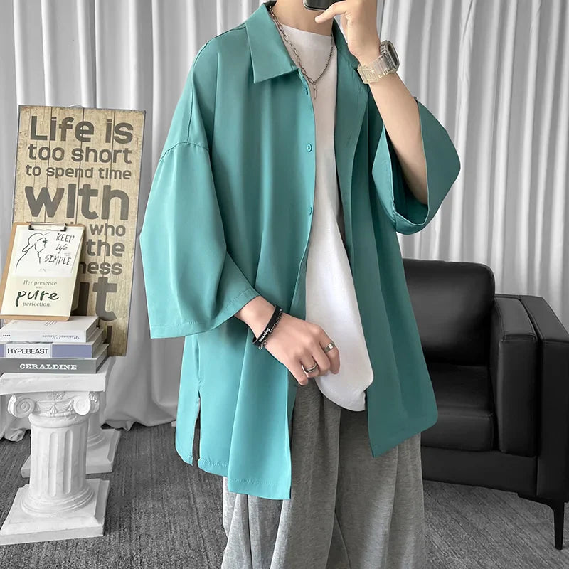 Solid Color Oversized Men's Harajuku Shirt, Casual Half Sleeve, Cool Summer Streetwear in Green.